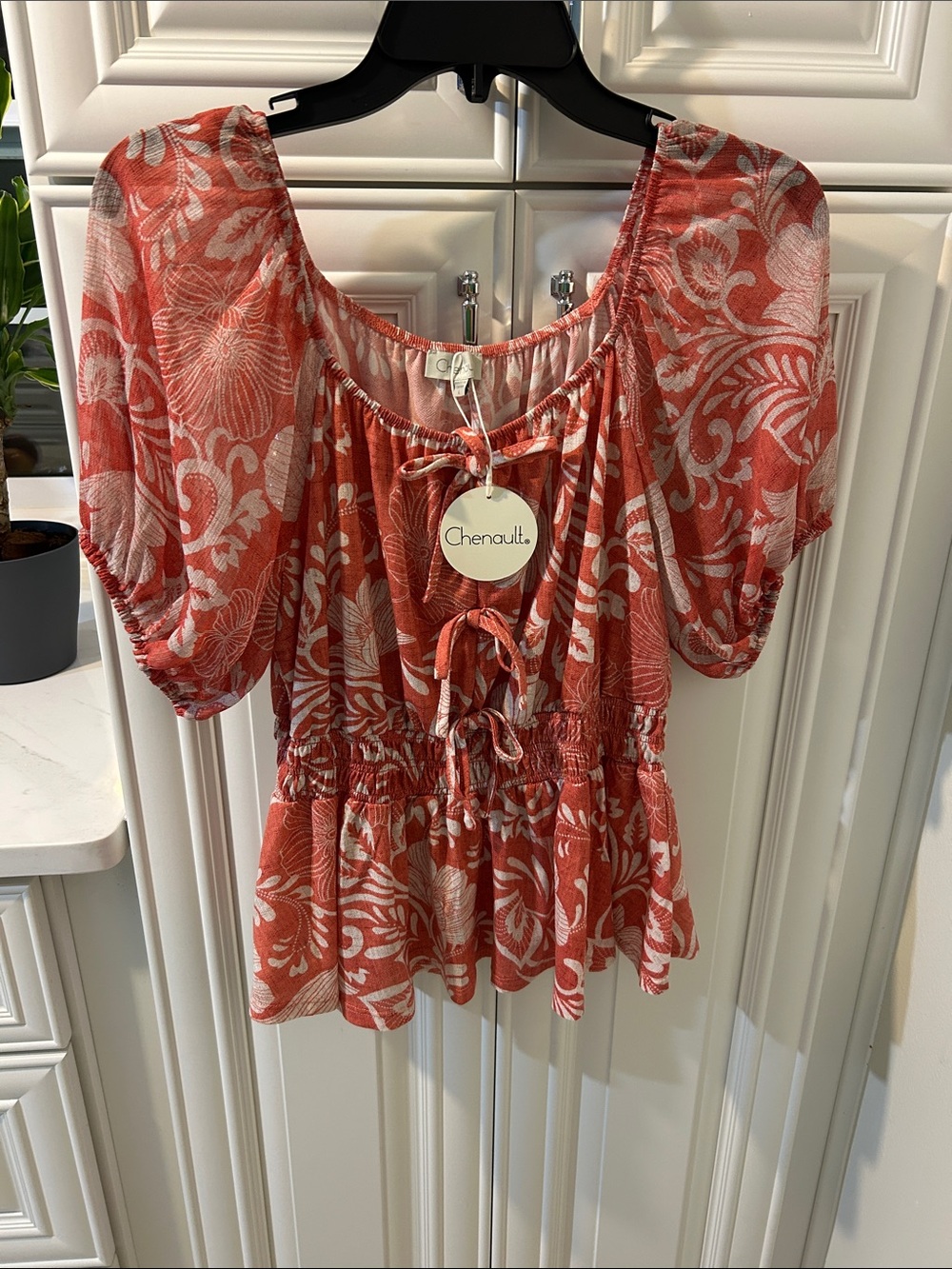 Chenault Coral and White Floral Peasant Blouse